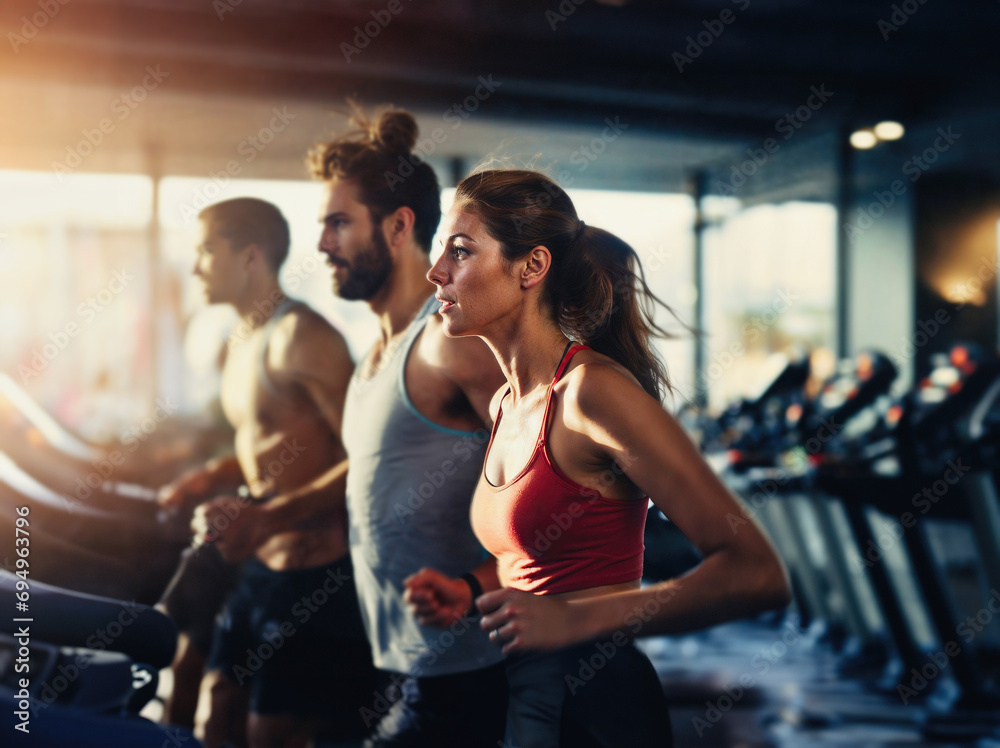Sport, three people running on a treadmill in a health club, focus on a young woman. Generative ai