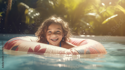 Joyful children in colorful swim rings bask in the sunny pool, epitomizing summer fun and vacation bliss