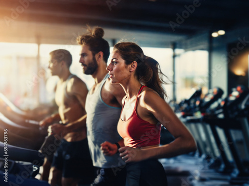 Sport, three people running on a treadmill in a health club, focus on a young woman. Generative ai