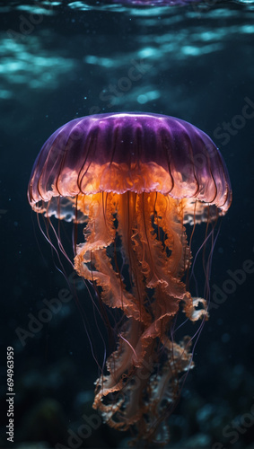 Glowing jellyfish swim in the big aquarium. Medusa neon jellyfish fantasy concept. © Sergie