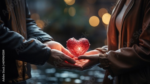 Two people hand over small heart in each other hands photo