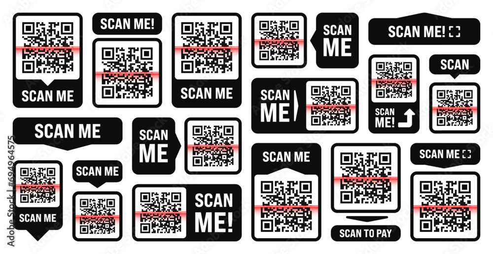 Scan me QR code sticker. Online payment. Special offer sale stickers, shopping discount label or promotional badge. Serial number, product ID. Supermarket retail label, price tag. Vector illustration