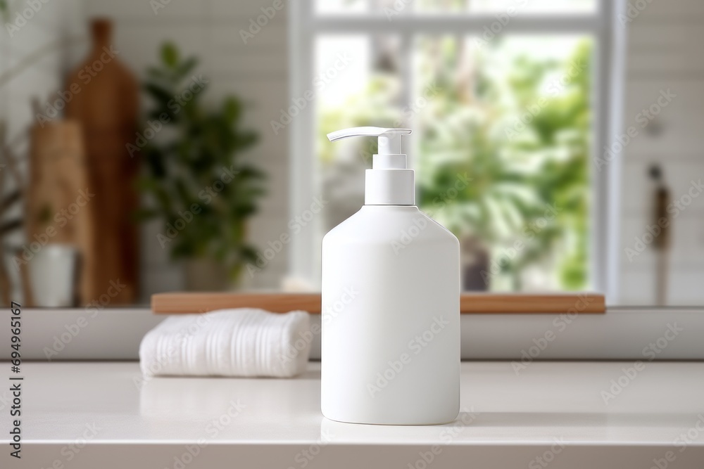 Product displayed on empty table with blurred bathroom background Product displayed on empty table with blurred bathroom background