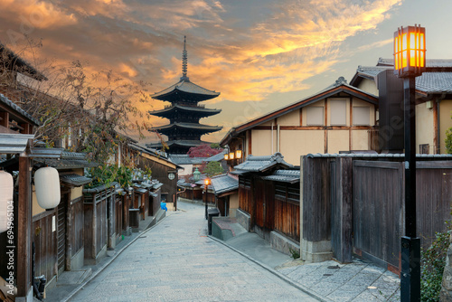 Early morning in Gion Kyoto, Wood pagoda in Kyoto old town in Japan