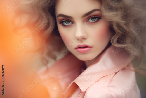 Glamour Close Up Portrait of a Young Woman in Peach Retro Make Up Presenting Modern Vintage Beauty Vibe.