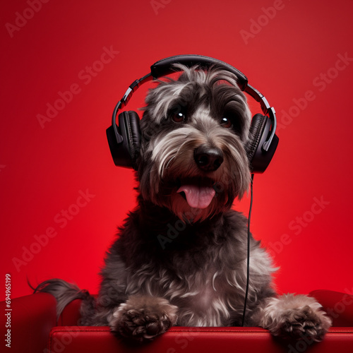 Gamer dog playing video games on a red background.