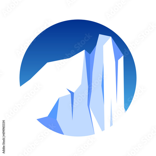 Round floating iceberg, drifting arctic glacier, block of frozen ocean water. Icy mountains with snow. Melting ice peak. Antarctic snowy landscape. South and North Pole. Vector illustration