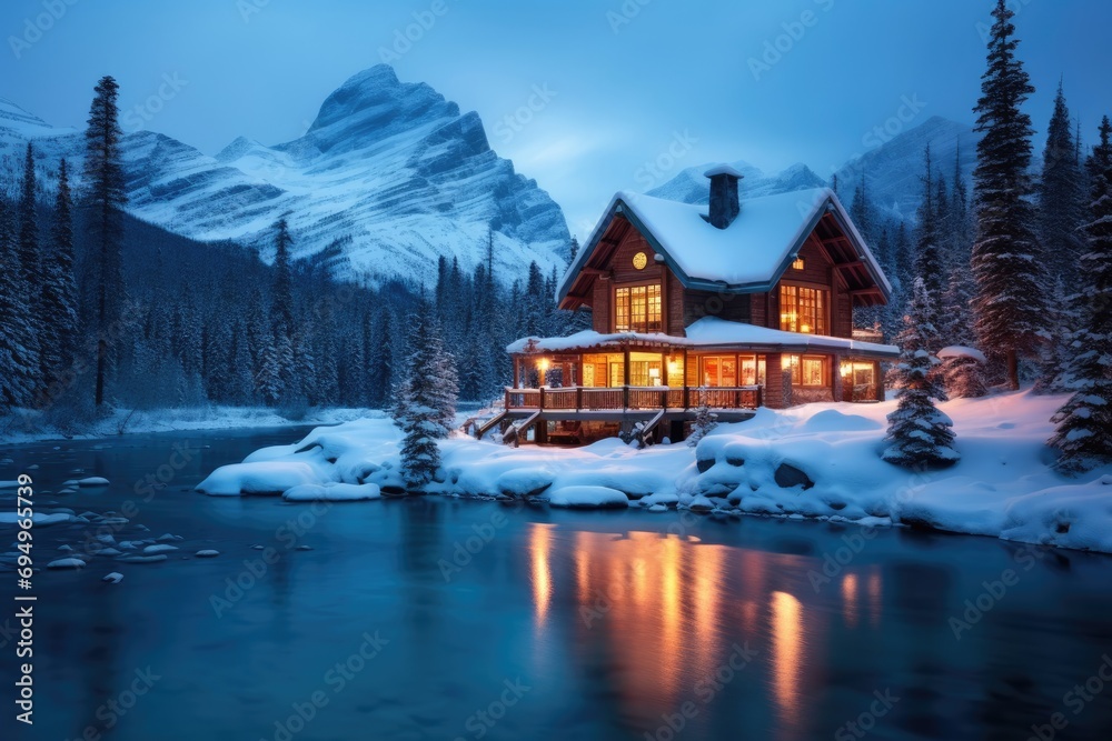 Cozy cabin house with light during blue hour near lake with snow, winter landscape.