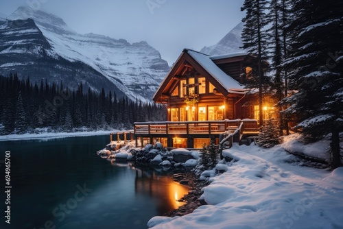 Cozy cabin house with light during blue hour near lake with snow, winter landscape.