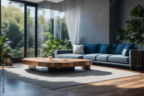 A room designed for tranquility, featuring a gray sofa, a Zen fountain, and a natural wood coffee table. © Johnny Sins