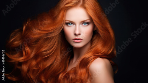 Beautiful red hair woman with long wavy coloring hairstyle. Beauty ginger lady