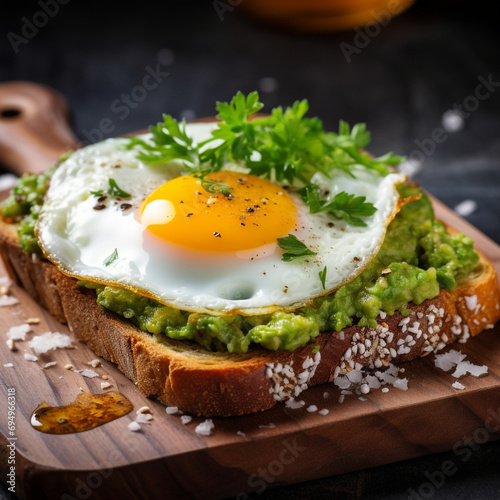 Toast with guacamole and fried egg, photo for the restaurant menu, macro photo created with Generative Ai