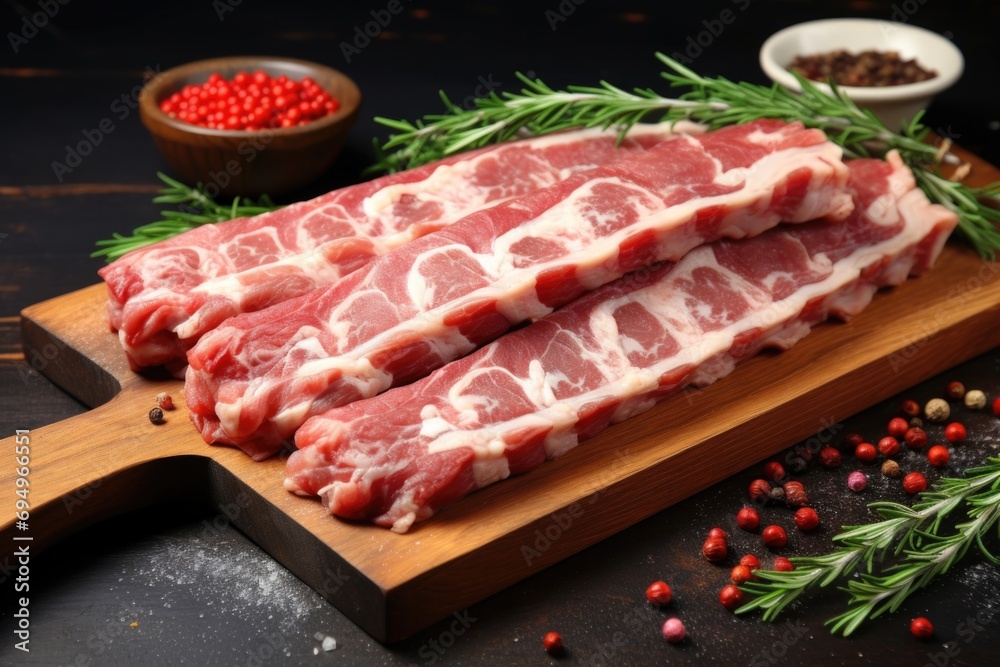 Raw pork ribs are laid out on a cutting board Raw pork ribs are laid out on a cutting board