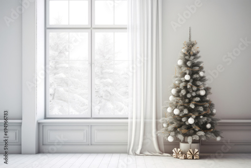 Minimalist white interior with windows and a Christmas tree © Julia Jones