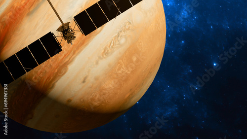 Fototapeta Naklejka Na Ścianę i Meble -  Clipper spacecraft traveling to the moon Europa with Jupiter rising in the background. 3d rendering. Elements of this image are furnished by NASA