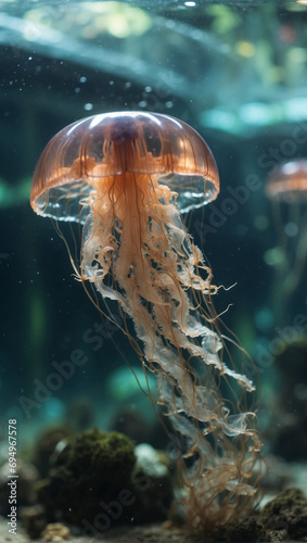 Glowing jellyfish swim in the big aquarium. Medusa neon jellyfish fantasy concept.