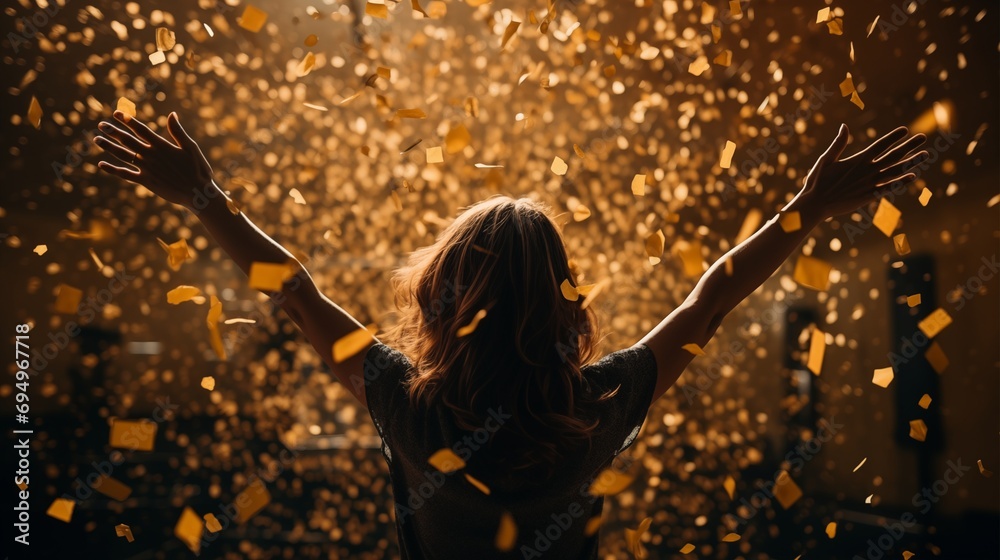 back view of happy young woman with arms raised up for win with golden confetti falling