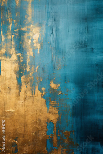 abstract wall showing gold and blue, in the style of dripping paint, dark gold and dark aquamarine created with Generative Ai