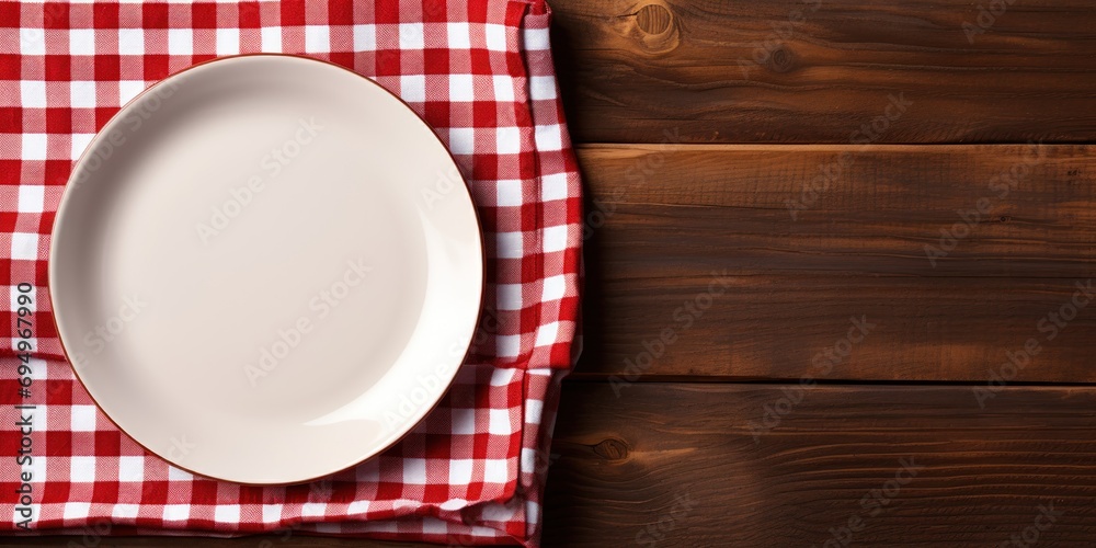 A plain plate against a checkered cloth, suggesting a home meal