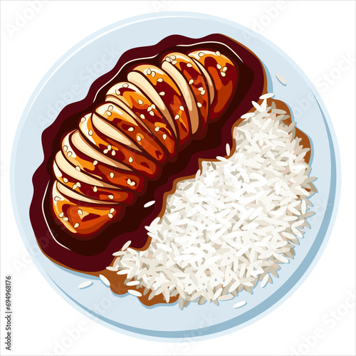 A plate of teriyaki chicken and rice on white background. Asian food. Vector illustration in eps 10. Suitable for menu, recipe and cookbook 
