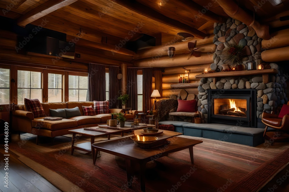 A family room in a vintage cabin with a stone hearth, a retro plaid sofa, and mid-century modern furnishings. It's a delightful blend of nostalgia and comfort. 