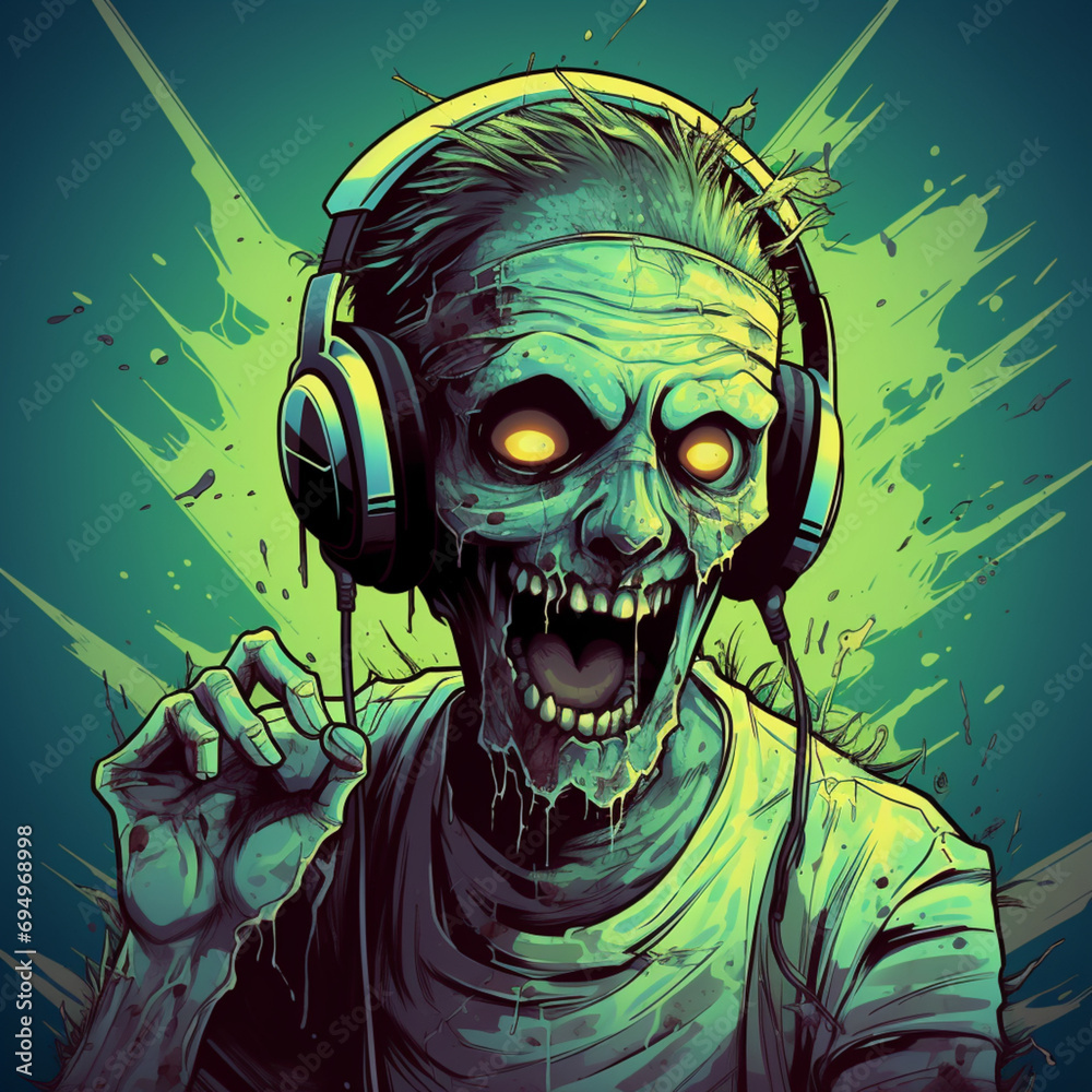 Zombie listening to music with headphones.