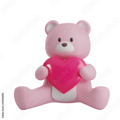 render of a pink teddy bear holding a heart. Vector 3D illustration on isolated white background