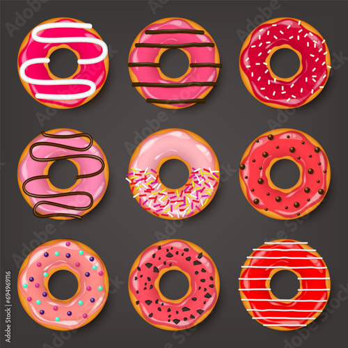 Donut, begel with cream. Cookies,cookie cake set. Sweet dessert with sugar and caramel. Tasty breakfast cooking. Cafateria food, snack. Coffee shop.Vector illustration.