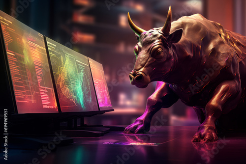 gold bull sculpture on chart background for business concept. Graph Stock Trading  crypto currency