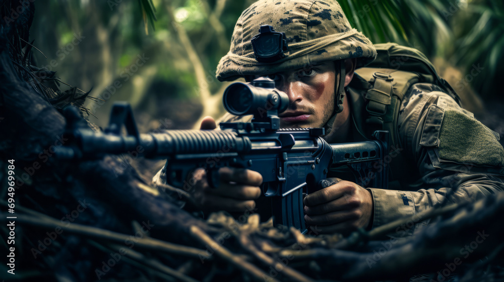 Soldier with camouflage and weapon on the beach coast background.