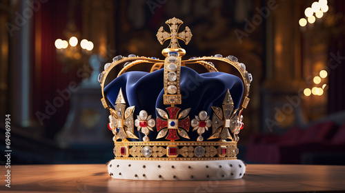 Photo king charles, england king, British flag and crown, illustration of Crown Jewels of the United Kingdom