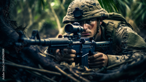 Fotografia Soldier with camouflage and weapon on the beach coast background.