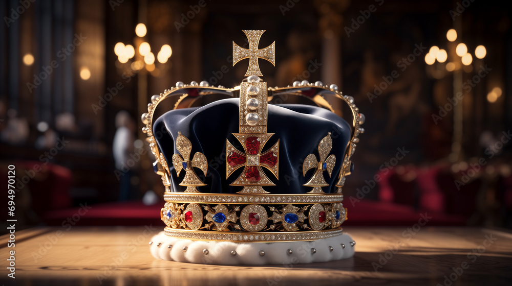 king charles, england king, British flag and crown, illustration of Crown Jewels of the United Kingdom. Generative Ai
