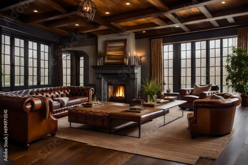 A large, leather Chesterfield sofa is the centerpiece of this room, surrounded by warm wood accents and a stone fireplace. Soft throws and plush cushions create a welcoming atmosphere. 