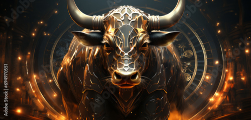 Golden bull sculpture like symbol representing financial market trends, crypto currency market photo