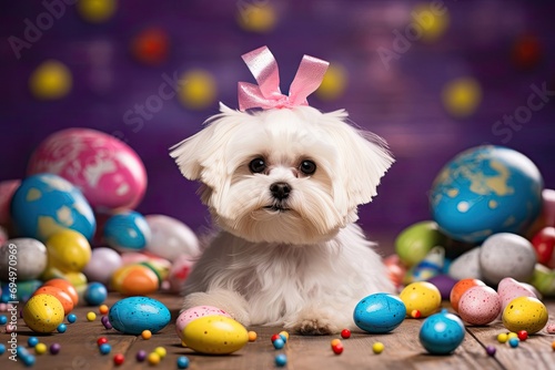 Cute Maltese puppy with colored Easter eggs on spring day.