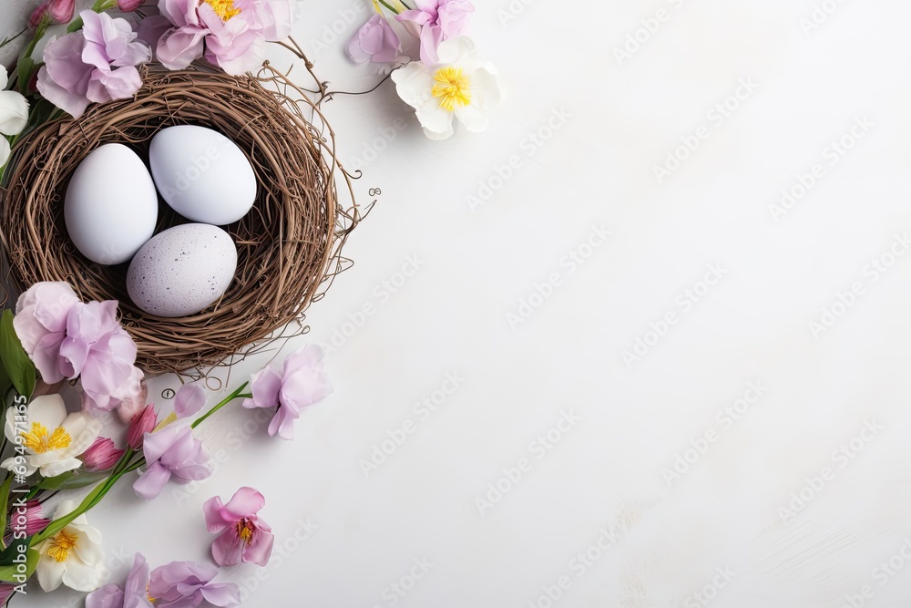 Happy Easter composition. Easter eggs in basket on grey background. Natural dyed colorful eggs background top view with copy space.