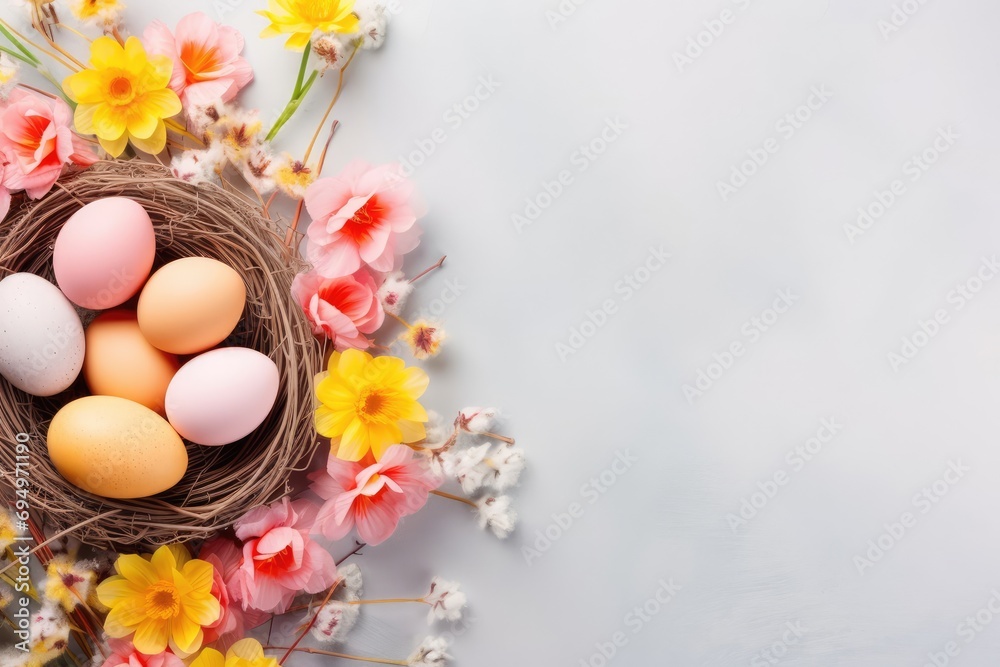 Happy Easter composition. Easter eggs in basket on grey background. Colorful eggs background top view with copy space.