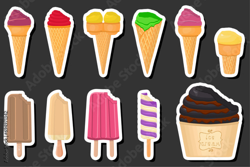 Illustration on theme big kit ice cream popsicle different types in cone waffle cup photo