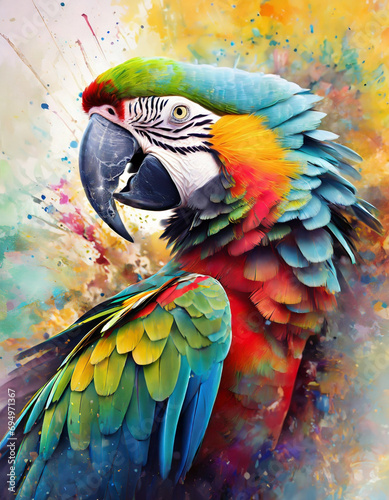Portret kolorowej papugi. Akwarele. Abstrakcja. Generative AI