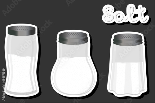 Illustration on theme big set different types ware filled salt for organic cooking