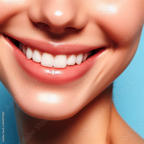 A womans teeth with a smile on her face closeup on solid blue bright background. ai generative