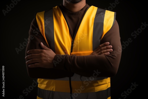 Man with arms crossed, dressed in a safety vest. Being ready and prepared image concept. photo