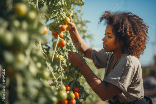 A Hardworking Black Woman Gently Picking Fresh Tomatoes in a Lush Greenhouse Environment