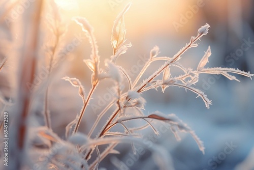 Frozen twigs in hoarfrost glisten in the sun. winter landscape with sun flare © Amal
