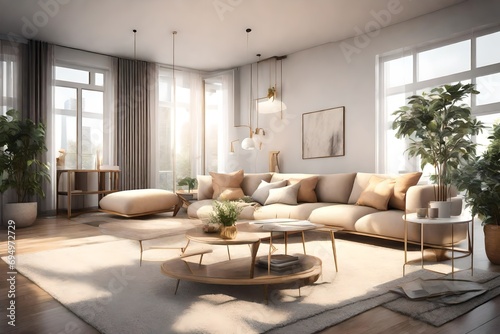 A cozy living room bathed in soft natural light, adorned with a comfortable couch, plush cushions, and stylish decor, creating an inviting interior space that seamlessly blends comfort 