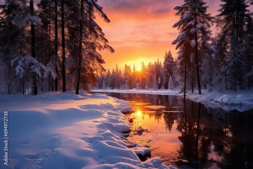 winter landscape, everything in the snow, forest, fairy tale, at sunset, sunset light