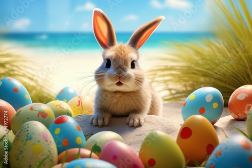 
Happy bunny with many Easter eggs on grass festive background for decorative design Cute Easter bunny with Easter eggs on beach.