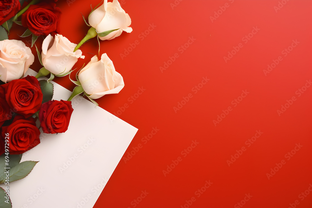 Rosas y hoja en blanco sobre fondo rojo: diseño romántico para San Valentín en tonos burdeos y naranjas - obrazy, fototapety, plakaty 