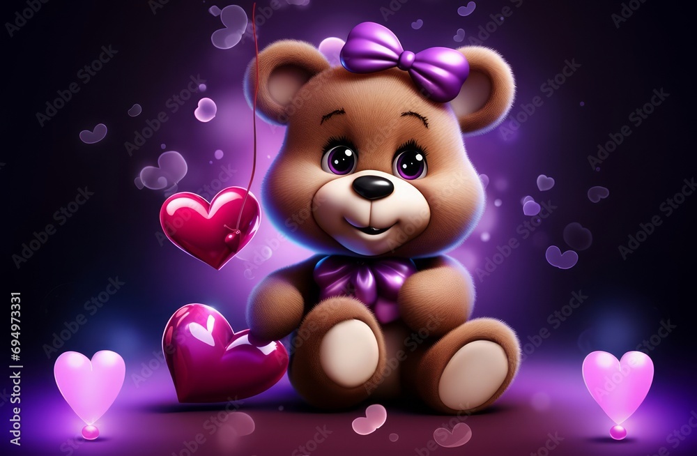 Creative colorful romantic concept of a smiling teddy bear girl among hearts, as a symbol of love and care. Generative AI